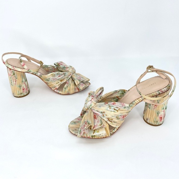 Loeffler Randall Camellia Pleated Bow Heels Ankle Strap Cream Floral 5.5 - Picture 6 of 13